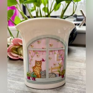 Vintage "Cat Looking Out a Window Vase" Pink and White